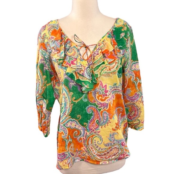 Lauren Ralph Lauren Bright Ruffled Paisley Blouse, size Medium Petite - Picture 1 of 13